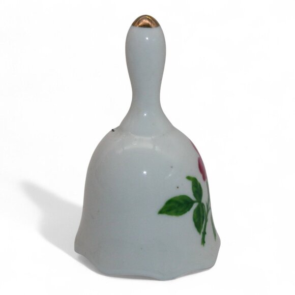 Vintage White Ceramic Bell W/ Pink Rose Design & Gold Accent Handle Made In Taiw - Picture 3 of 5